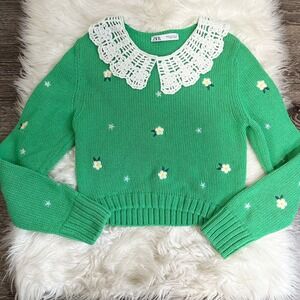 Zara Womens Peter Pan Collar Embroidered Swater Size Medium Green Floral Spring